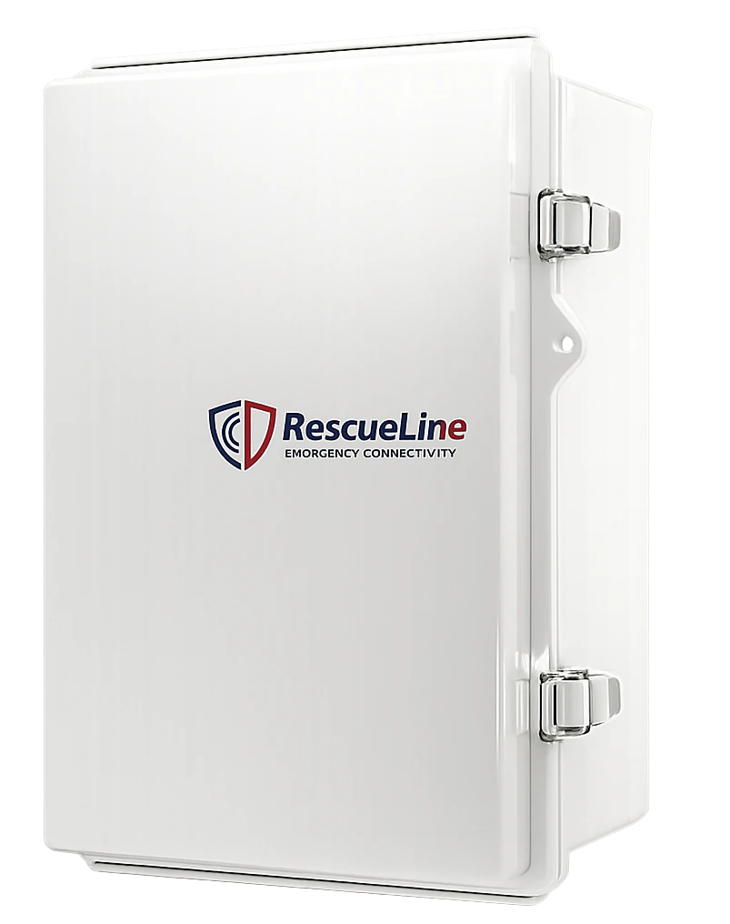 RescueLine Hub enclosure with LTE router, 4-line ATA gateway, and backup battery system